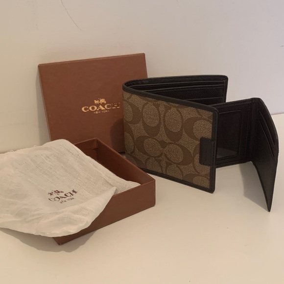 Coach Signature Brown and Black Men's Card Holder - Picture 1 of 4